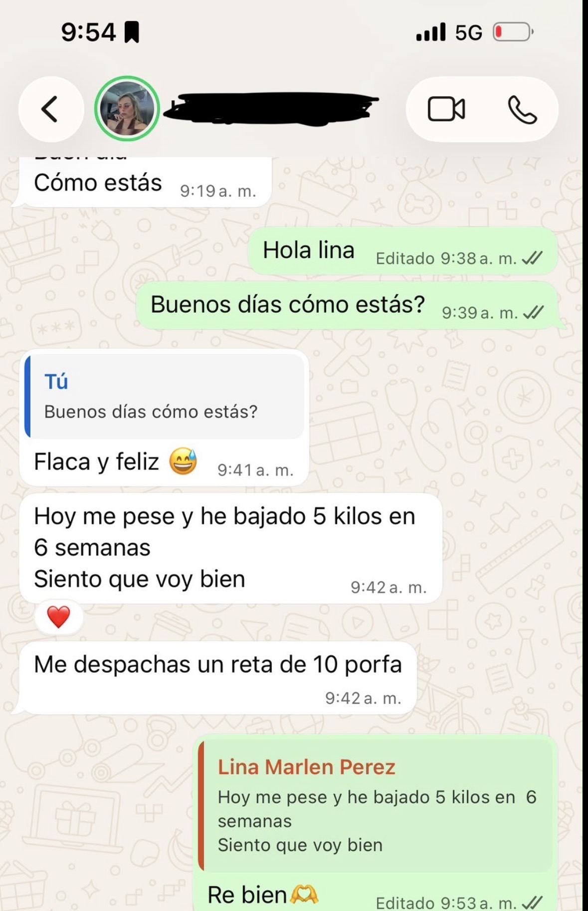 Clienta reporta 5 kilos menos en 6 semanas