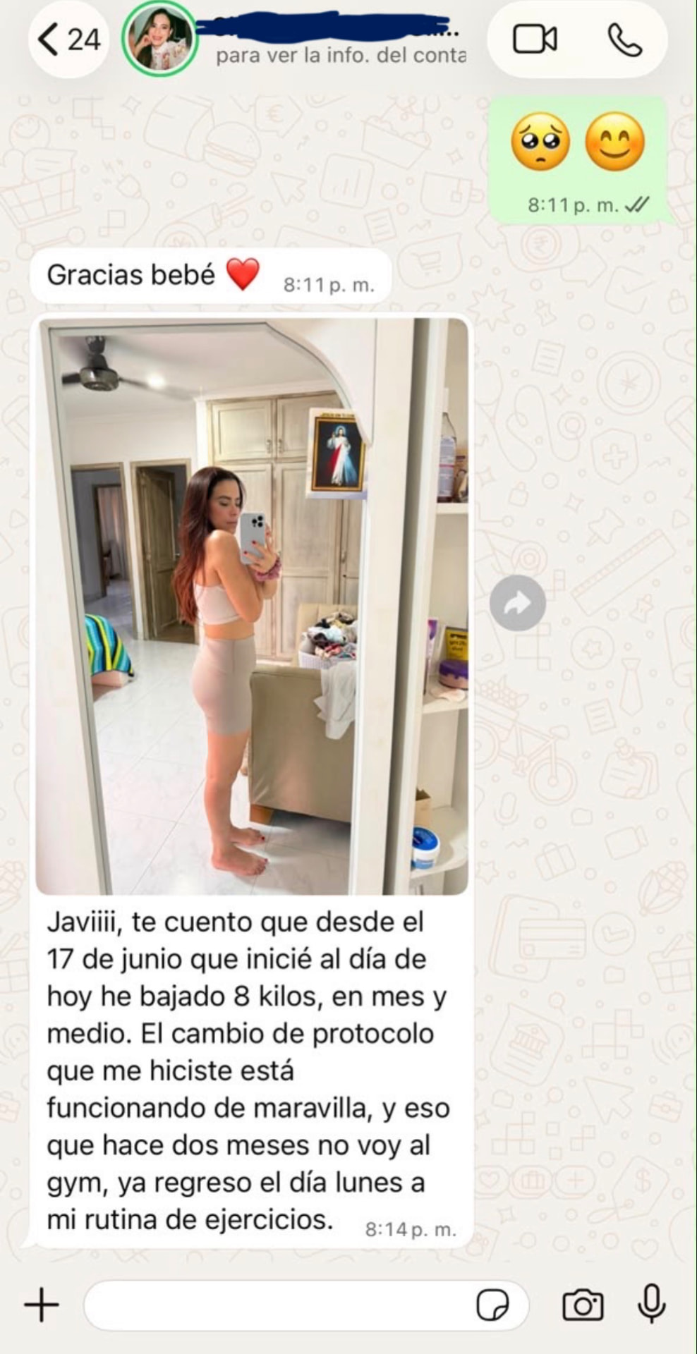 Clienta reporta 8 kilos menos en mes y medio