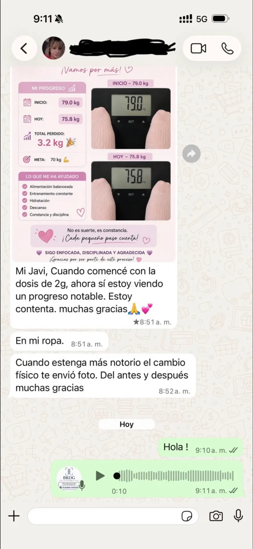 Clienta comparte progreso de 79 kg a 75.8 kg