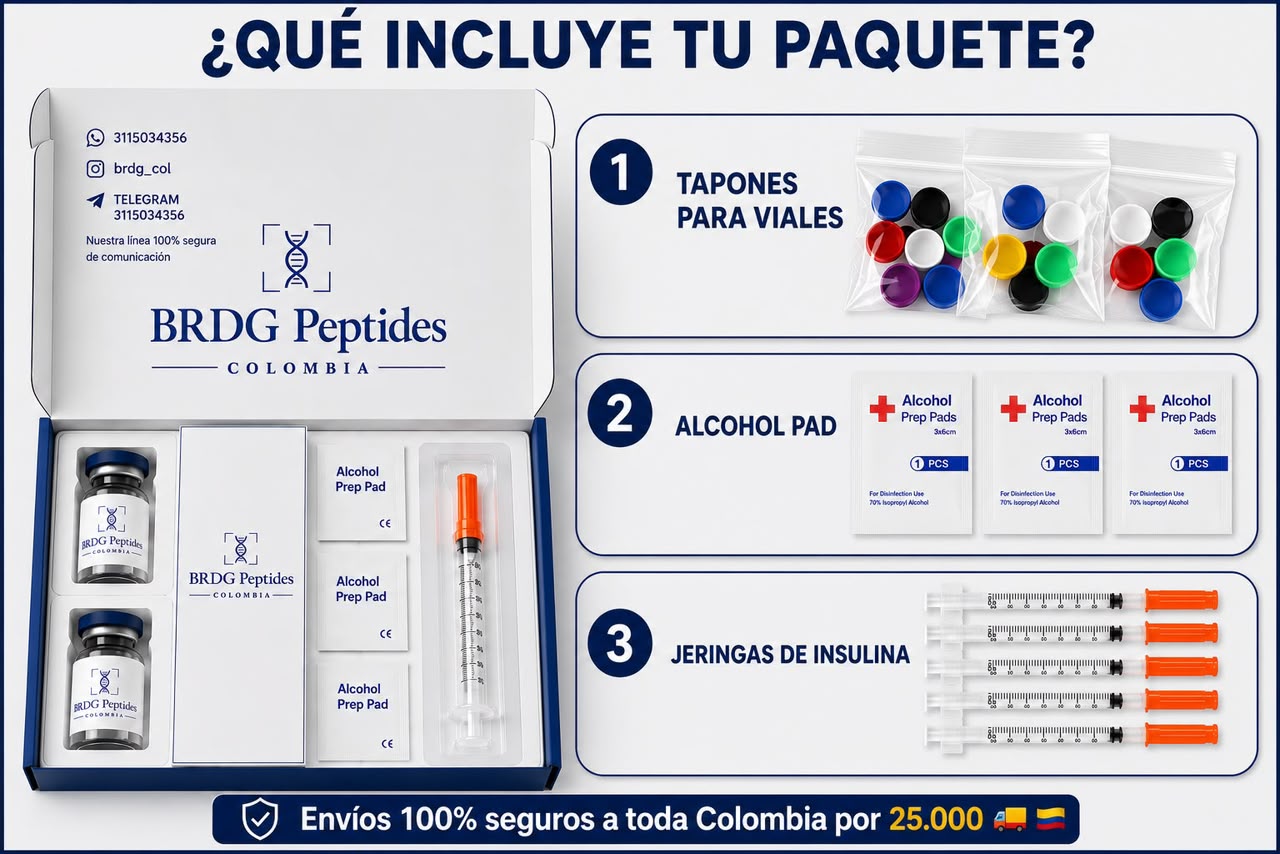 Contenido del paquete Bridge Peptides Colombia: vial, tapones, alcohol pads y jeringas de insulina